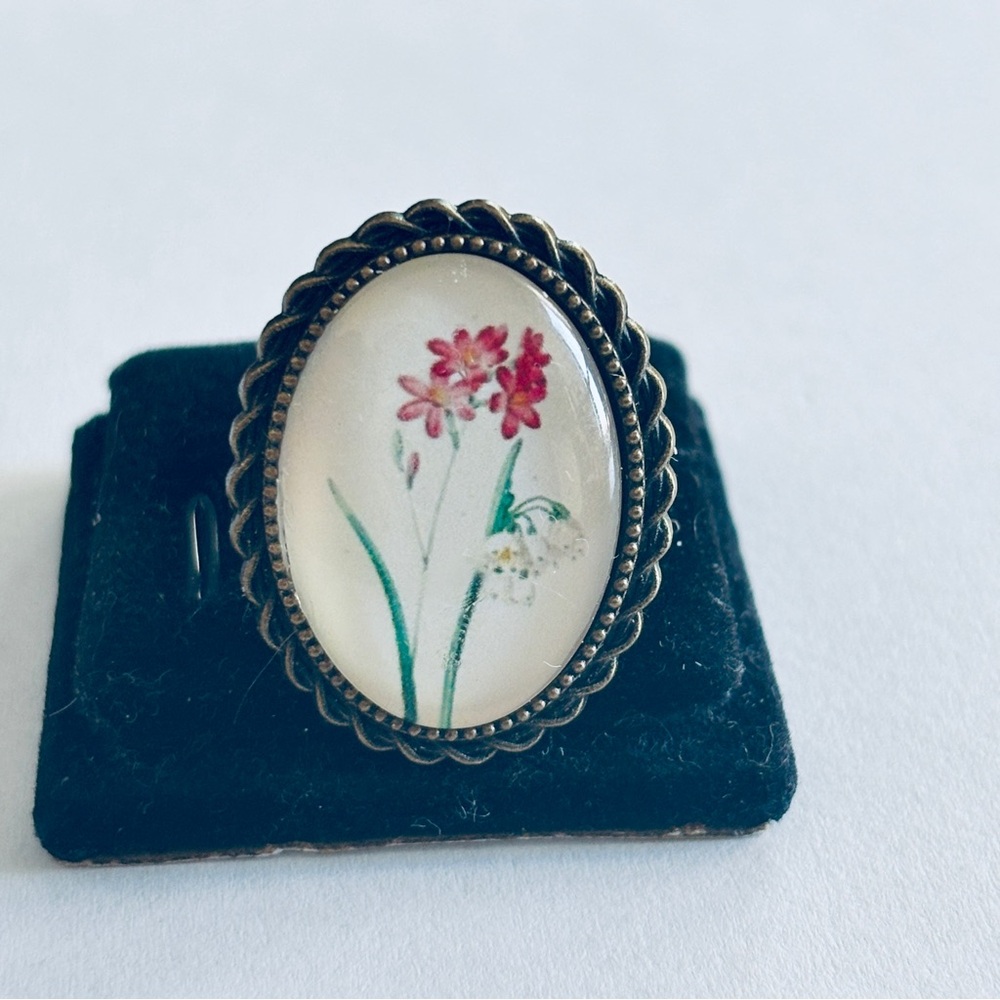 Vintage Floral Print Victorian Style Adjustable Ring, Handmade, NWT
